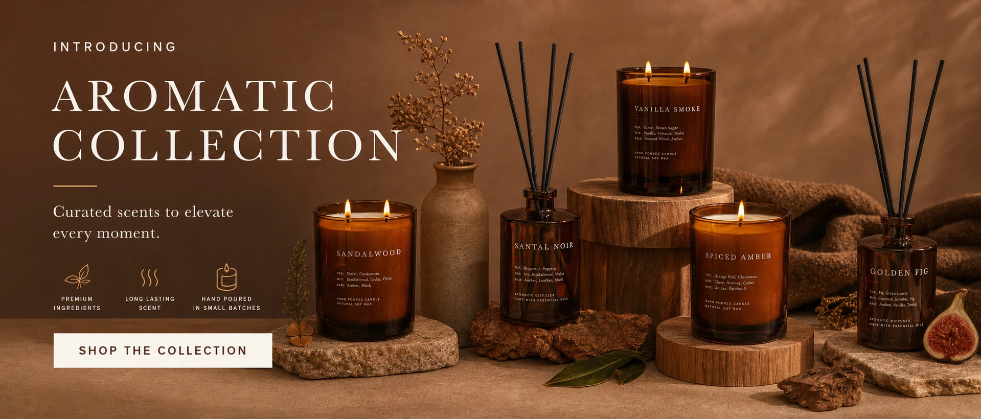 Introducing the Aromatic Collection: curated scents to elevate every moment. Amber-glass candles and reed diffusers in Sandalwood, Santal Noir, Vanilla Smoke, Spiced Amber and Golden Fig. Shop the collection.