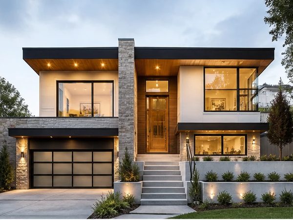 Contemporary two-storey house with stone and timber cladding
