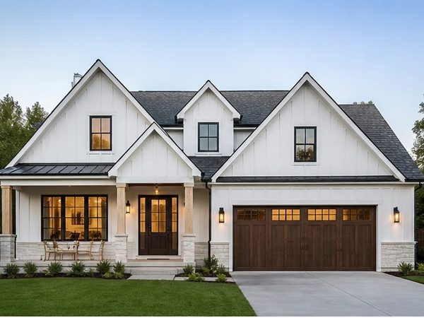 Two-storey suburban house with a covered porch and attached garage