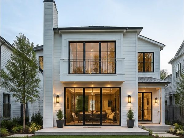 Rear elevation of a white two-storey house with wide sliding doors