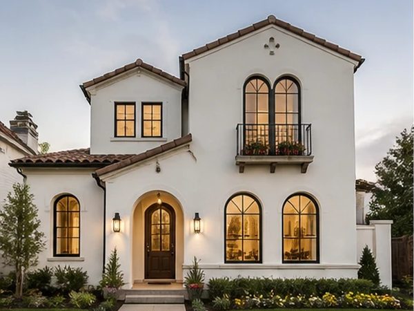 Two-storey stucco house with a tile roof and arched windows