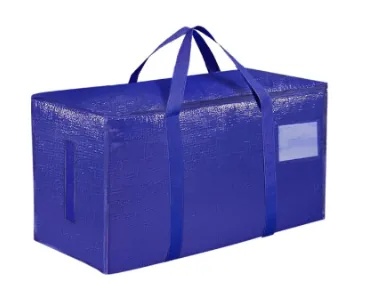Blue woven clothes bag with webbing handles