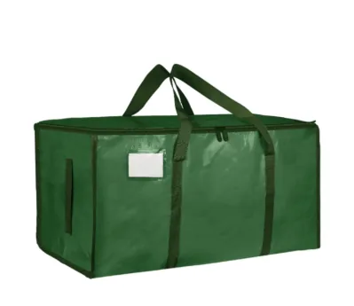 Green woven clothes bag with webbing handles