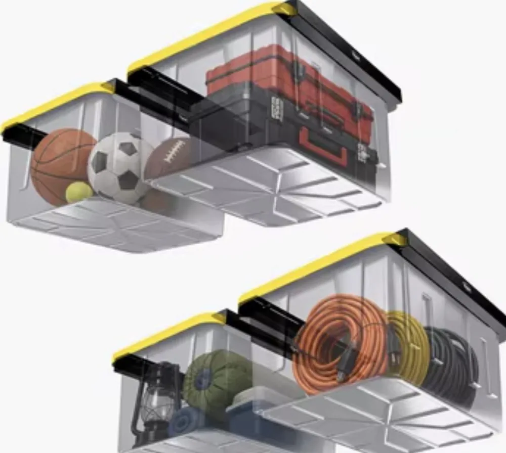 Overhead-mounted totes holding sports gear, tools, hoses and camping equipment