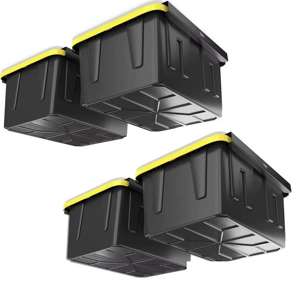 Four black totes with yellow lids mounted overhead on black steel rails