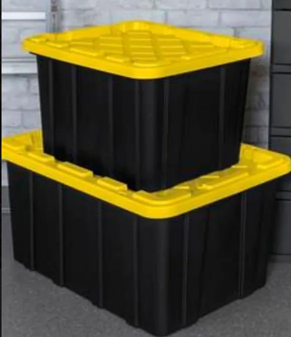 Black stackable moving tote with a yellow snap-on lid