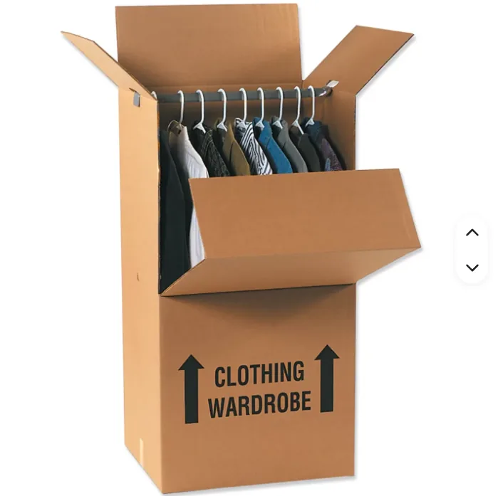 Cardboard wardrobe box with a hanging bar